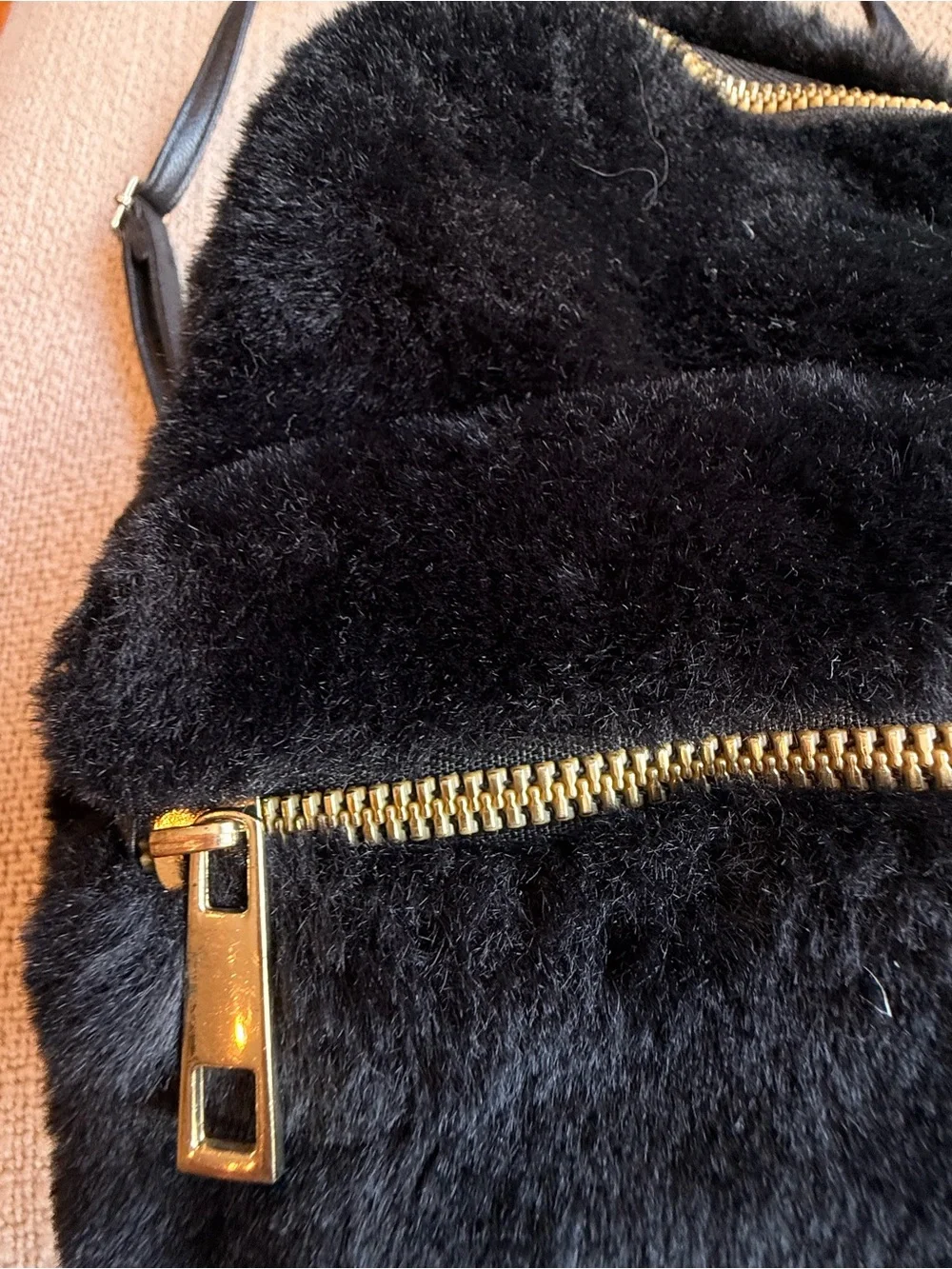 SHEIN Black Faux Fur Mini Backpack with Gold-Tone Zippers